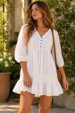 Knox Rose Womens S White Boho Peasant Tunic Dress Smocked Ruffle 3/4 Sleeve